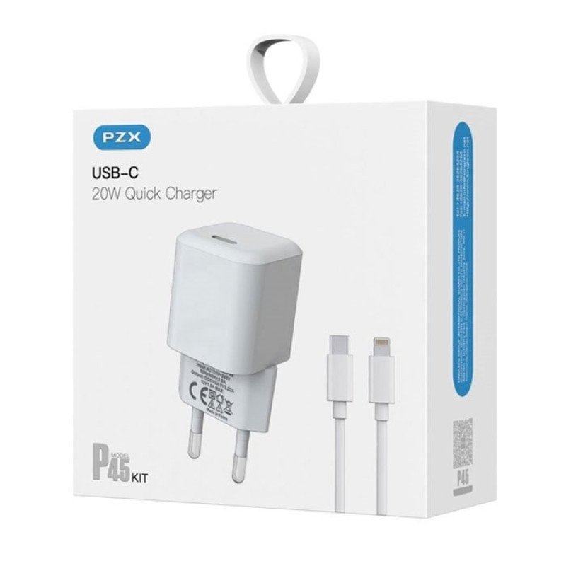 PZX P45 PD Fast Charging Φορτιστής SmartPhone με 1 θύρα Type-C και Καλώδιο σε Lightning 20W - Χρώμα: Λευκό