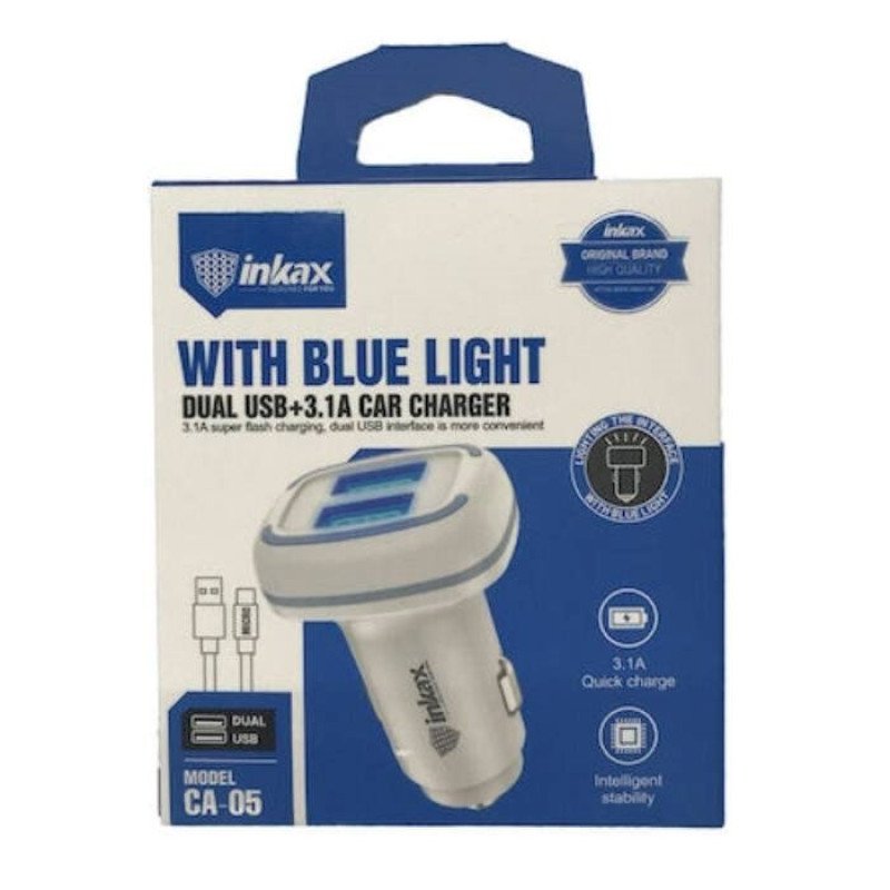 Inkax CA-05 Φορτιστής Αυτοκινήτου με Θύρα USB και Θύρα Micro - Χρώμα: Λευκό