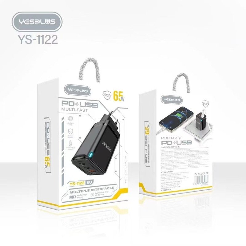 YESPLUS YS-1122 PD 65W 3X USB GAN ΓΡΗΓΟΡΗ ΦΟΡΤΙΣΗ ΓΙΑ ΚΙΝΗΤΑ ΚΑΙ LAPTOP - ΜΑΥΡΟ
