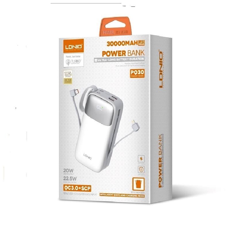 LDNIO  PQ30 PD 20W 30000mAh Powerbank Γρήγορη Φόρτιση Τροφοδοτικό με 1 εισόδους και 4 εξόδους Με USB-C/Lightning Καλώδια  - Λευκό