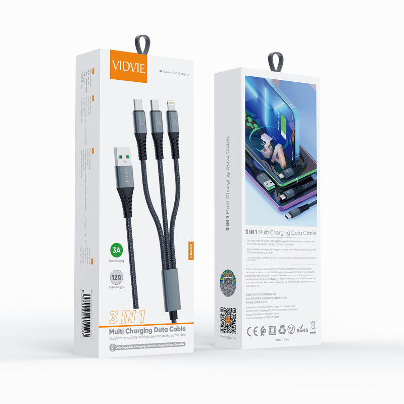 Vidvie CB4022 3 Σε1 Καλώδιο Φόρτισης και Μεταφοράς Δεδομένων USB Type-A Σε USB Type-C/USB Lightning/USB Micro Lenght 1.2M - Χρώμα: Μάυρο