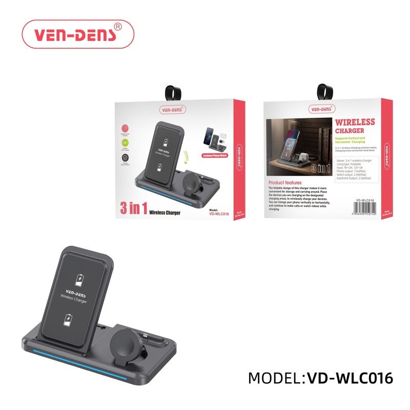 VEN-DENS VD-WLC016 15W Στάντζα Aσύρματος φορτιστής 3 σε 1 - Μαύρο