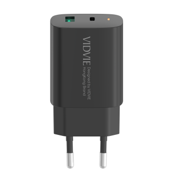 Vidvie PLE248 PD 20W Φορτιστής με 1 Θύρες USB-A και 1 Θύρες USB-C και Καλώδιο USB-A σε Lightning - Μαύρο