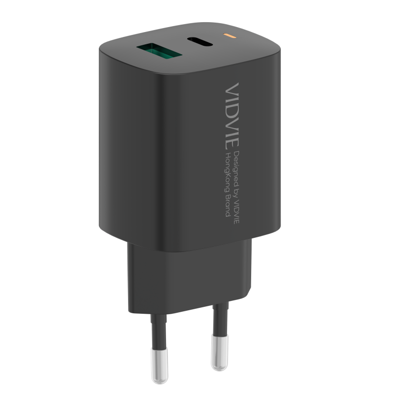 Vidvie PLE248 PD 20W Φορτιστής με 1 Θύρες USB-A και 1 Θύρες USB-C και Καλώδιο Type-C σε Lightning - Μαύρο