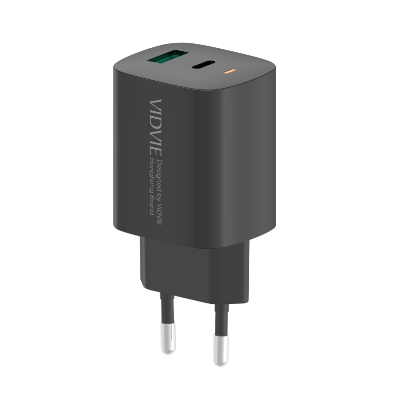Vidvie PLE248 PD 20W Φορτιστής με 1 Θύρες USB-A και 1 Θύρες USB-C και Καλώδιο Type-C σε Lightning - Μαύρο