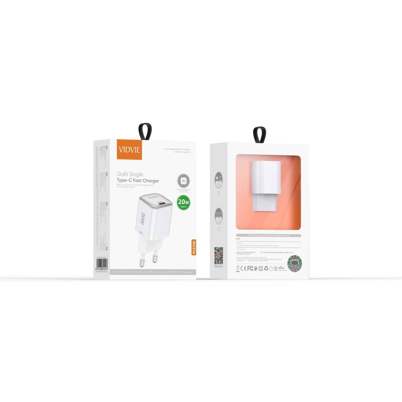 Vidvie PLE256 PD 20W Φορτιστής GaN με 1 Θύρες USB-C και Καλώδιο Type-C Σε Lightning - Λευκό