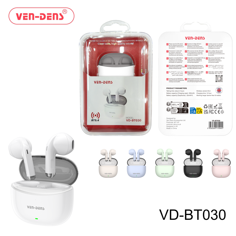 Ven-Dens Vd-Bt030 Ασύρματα Ακουστικά Με Θήκη Φόρτισης True Wireless Stereo Earbuds - Λέυκο
