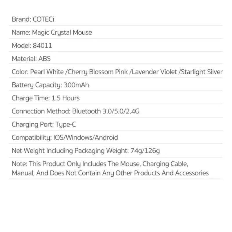 Coteci 84011-Pk Magic Crystal Mouse Transparent Texture Dual-Mode Mouse, Silent And Not Disturbing, Smart Percussion - Pink