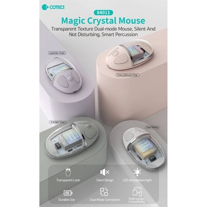 Coteci 84011-Pk Magic Crystal Mouse Transparent Texture Dual-Mode Mouse, Silent And Not Disturbing, Smart Percussion - Pink