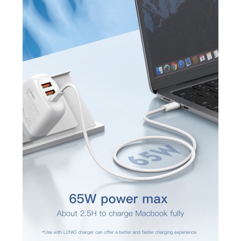 Ldnio Lc902C 65W Καλώδιο Δεδομένων Γρήγορης Φόρτισης Με Θήρα Usb-C Σε Usb-C (Length 2M) - Λευκό