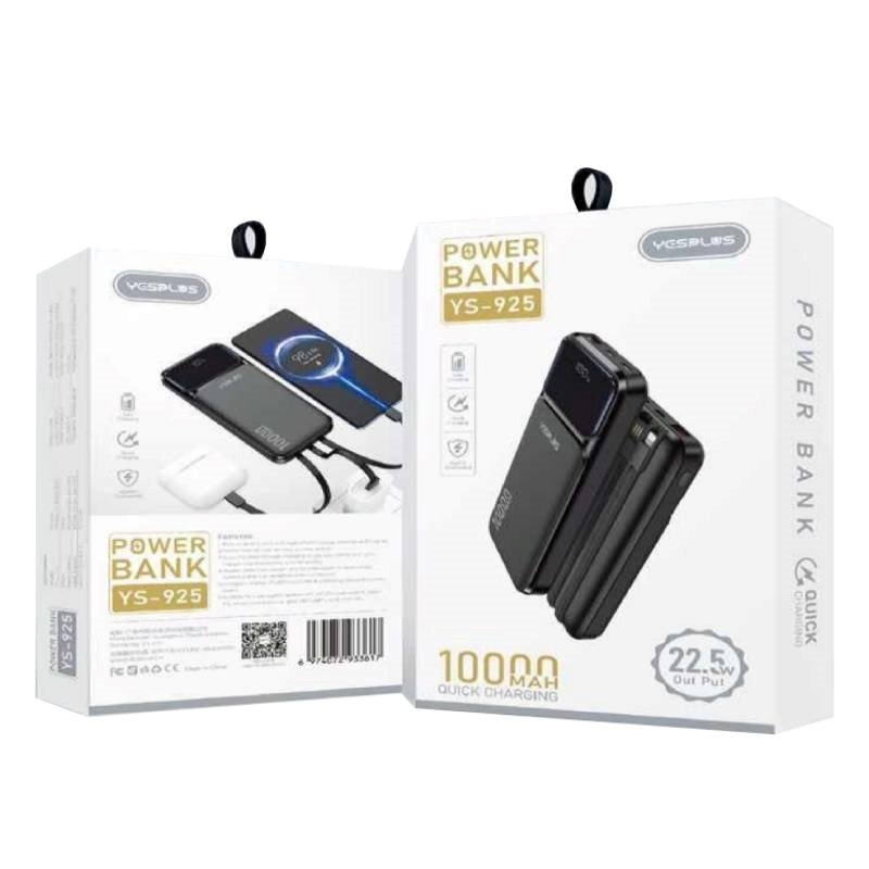Yesplus Ys-925 10000Mah Lcd Display Quick Charge 22.5W Power Bank Με 2X Θύρες Usb-C Και 1X Θύρα Usb-A Με Ενσωματωμένα Καλώδια - Μαύρο