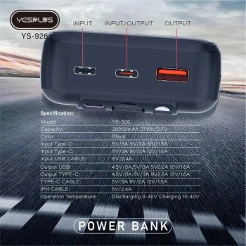 Yesplus Ys-925 10000Mah Lcd Display Quick Charge 22.5W Power Bank Με 2X Θύρες Usb-C Και 1X Θύρα Usb-A Με Ενσωματωμένα Καλώδια - Μαύρο