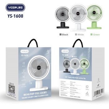 Yesplus Ys-1608 Επαναφορτιζόμενο Ανεμιστηράκι Γραφείο Επιτραπέζια Με Φως 360 Περιστρεφόμενο - Μαύρο