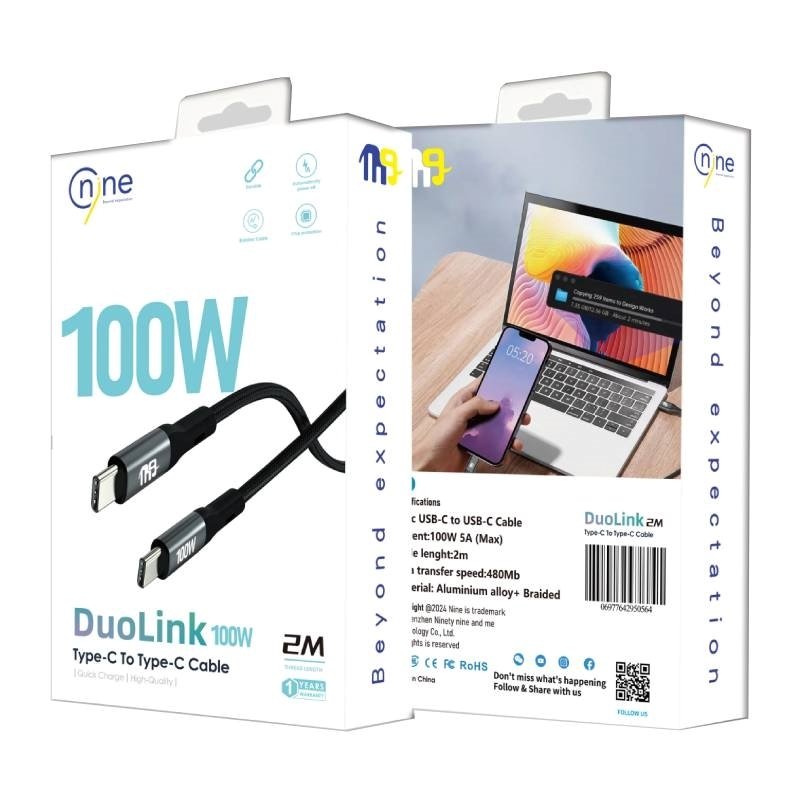 Nine 100W Duolink Καλώδιο φόρτισης δεδομένων USB-C σε USB-C  - Μαύρο