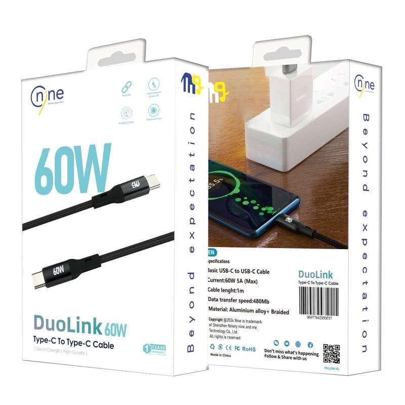 Nine 60W Duolink Καλώδιο φόρτισης δεδομένων USB-C σε USB-C  - Μαύρο