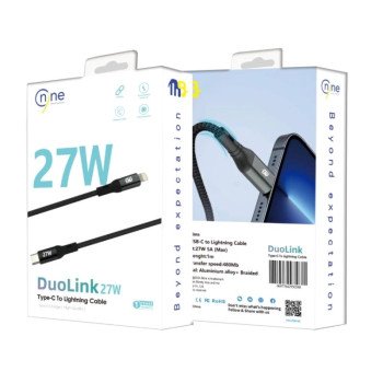 Nine 27W Duolink Καλώδιο φόρτισης δεδομένων USB-C σε USB-LIGHTNING - Μαύρο