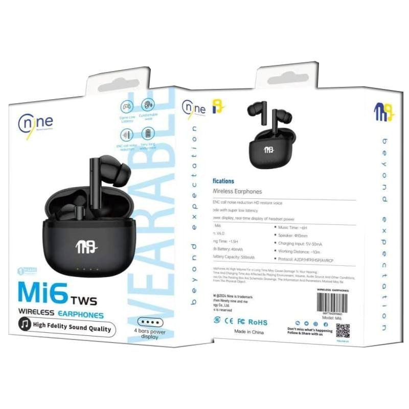 Nine Mi6 Ασύρματα Ακουστικά με Θήκη Φόρτισης True Wireless Stereo Earbuds - Μαύρο