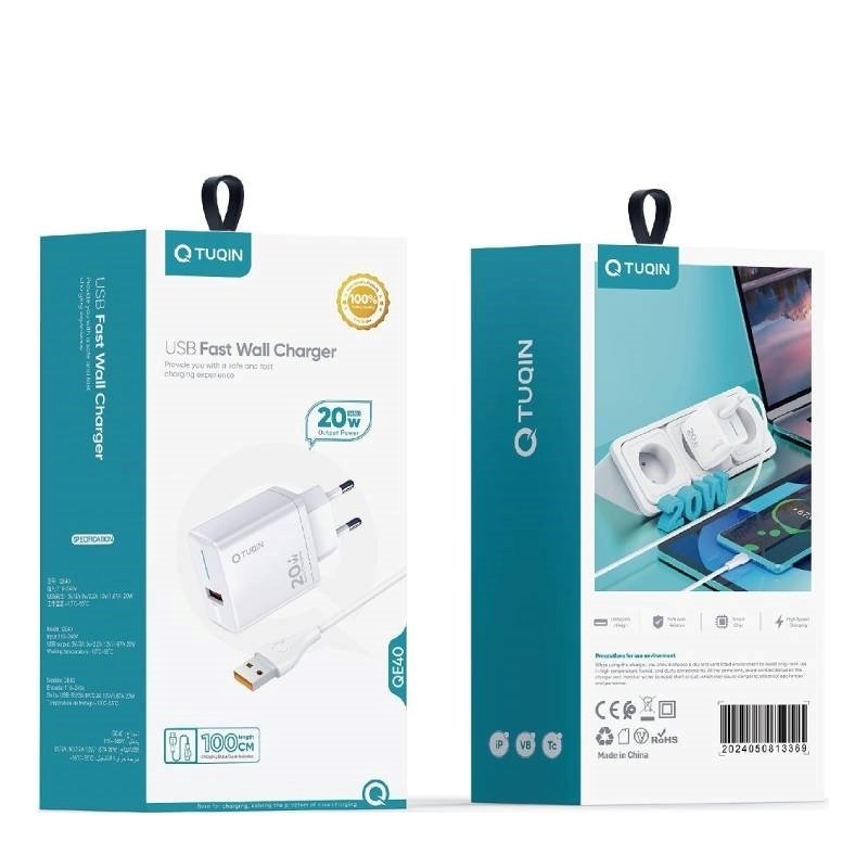 Tuqin QE40 Φορτιστής με  20W Γρήγορη Φόρτιση με Καλώδιο USB-A Σε Type-C - Λευκό