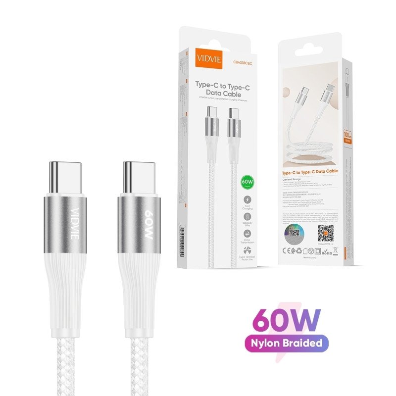 Vidvie CB4038C&C 60W Καλώδιο Φόρτισης και Μεταφοράς Δεδομένων Type-C Σε Type-C (3M) - Χρώμα: Λέυκο