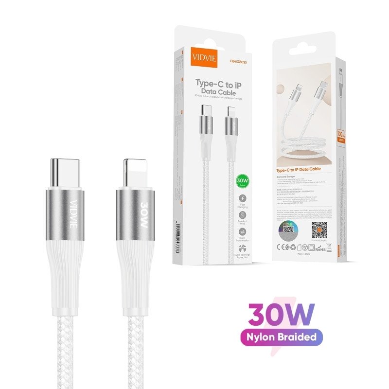 Vidvie CB4038C&i 30W Καλώδιο Φόρτισης και Μεταφοράς Δεδομένων Type-C Σε USB Lightning (3M) - Χρώμα: Λέυκο