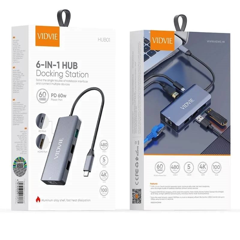 Vidvie 6IN1 USB-C Docking Station με HDMI 4K PD Ethernet Ασημί (HUB01)
