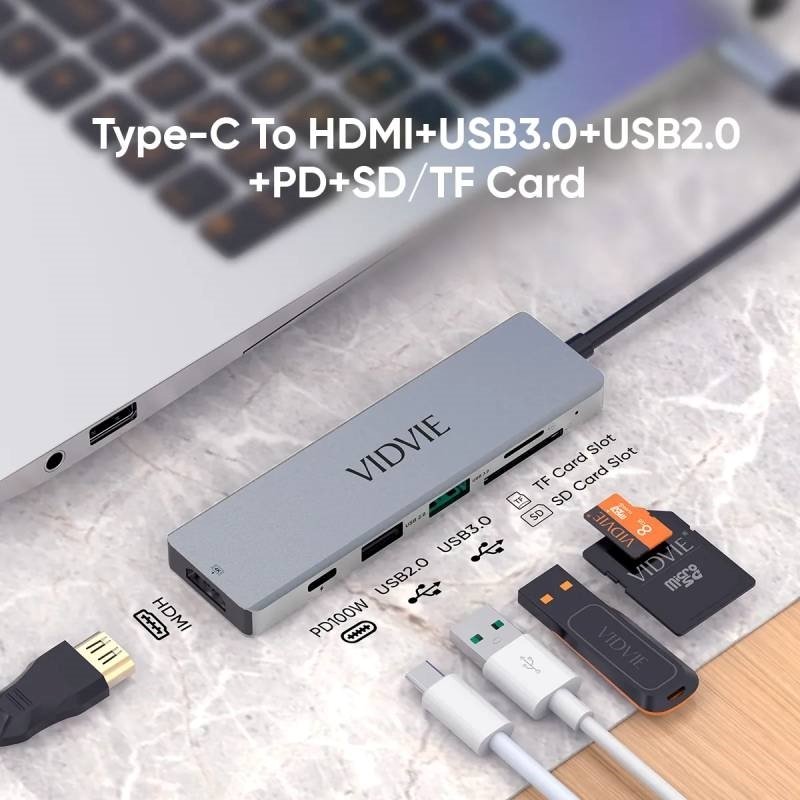 Vidvie 6IN1 USB-C Docking Station με HDMI 4K PD 100W και SD/TF Ασημί (HUB03)