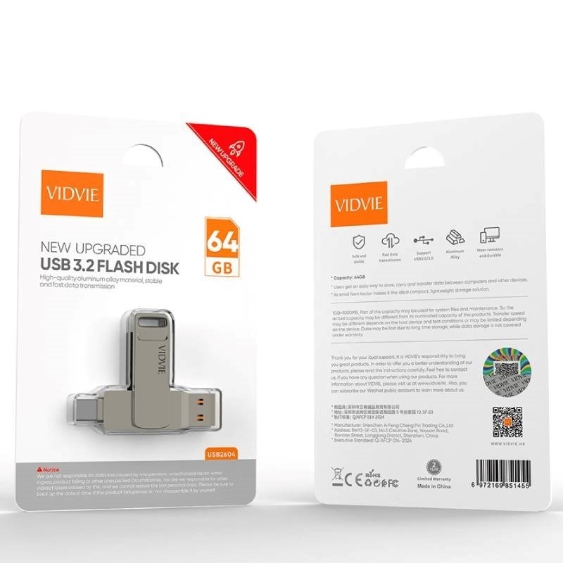 Vidvie 64GB Data Traveler USB 2in1 Flash Disk με σύνδεση USB-A & USB-C (USB2604)
