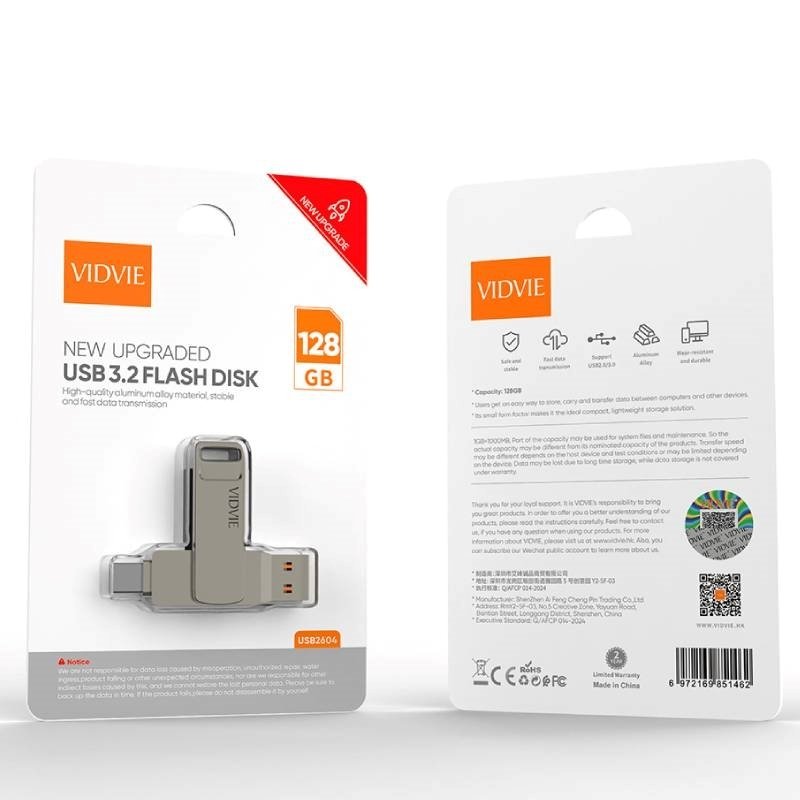 Vidvie 128GB Data Traveler USB 2in1 Flash Disk με σύνδεση USB-A & USB-C (USB2604)