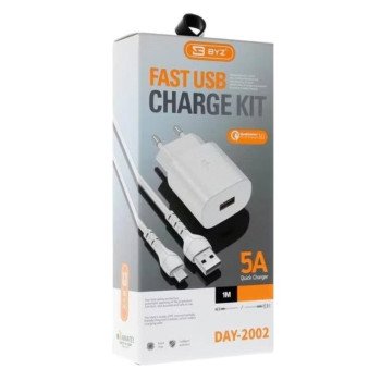 BYZ U40 DAY2002 Φορτιστής Ταξιδιού USΒ και Καλώδιο Type-C Σετ / Traveling USB Charger with Charging Cable Type-C Set 5A / 1Μ - Χρώμα : Λευκό