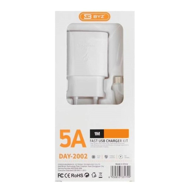 BYZ U40 DAY2002 Φορτιστής Ταξιδιού USΒ και Καλώδιο Type-C Σετ / Traveling USB Charger with Charging Cable Type-C Set 5A / 1Μ - Χρώμα : Λευκό